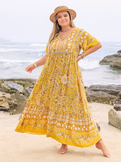 Plus Size Floral Tie Neck Flutter Sleeve Maxi Dress - Trendy by Luna