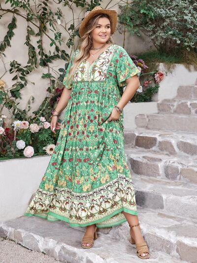 Plus Size Floral Tie Neck Flutter Sleeve Maxi Dress - Trendy by Luna