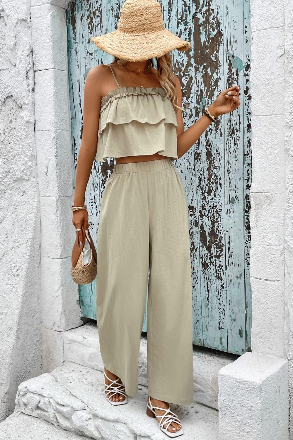 Honey Frill Trim Cami and Wide Leg Pants Set - Trendy by Luna