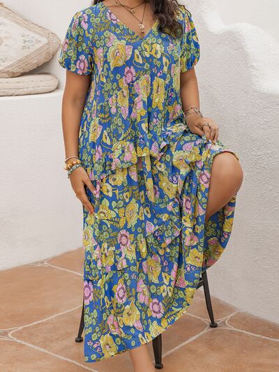 Plus Size Printed V-Neck Short Sleeve Maxi Dress - Trendy by Luna