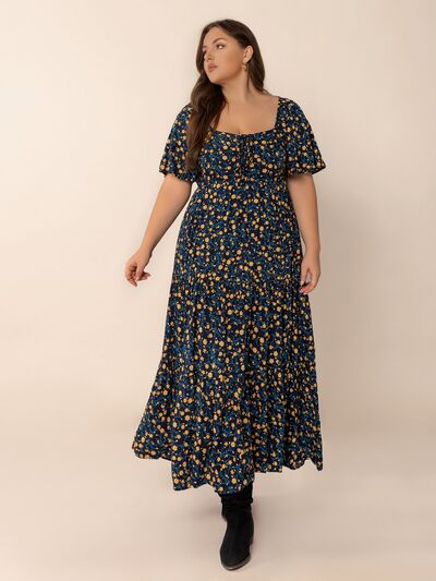 Plus Size Printed Short Sleeve Slit Tiered Maxi Dress - Trendy by Luna