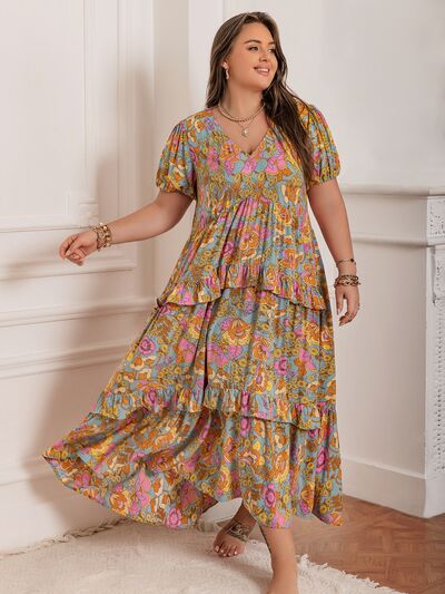 Plus Size Printed V-Neck Short Sleeve Maxi Dress - Trendy by Luna