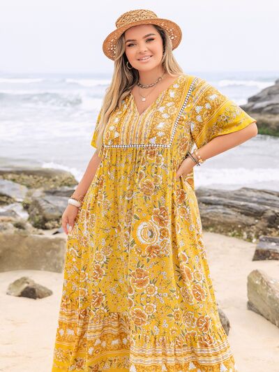 Plus Size Floral Tie Neck Flutter Sleeve Maxi Dress - Trendy by Luna