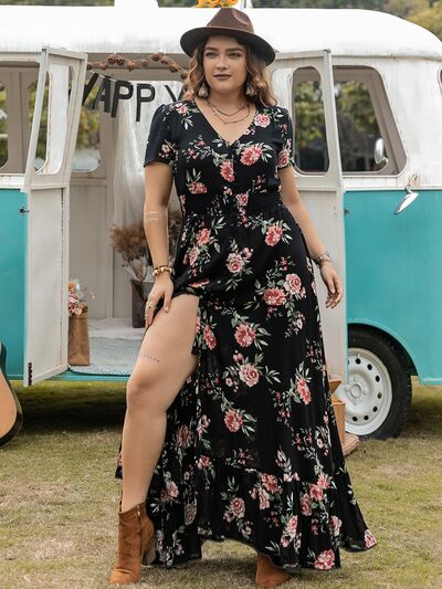 Plus Size Button Detail Printed V-Neck Short Sleeve Maxi Dress - Trendy by Luna
