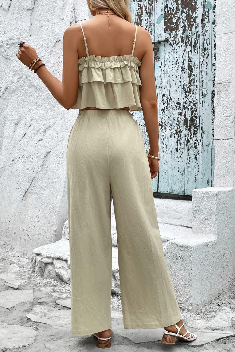 Honey Frill Trim Cami and Wide Leg Pants Set - Trendy by Luna