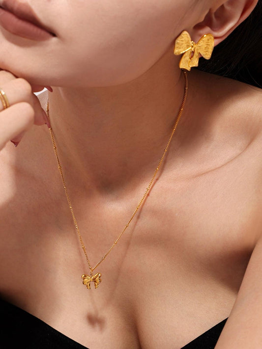 18K Gold-Plated Stainless Steel Bow Earrings and Necklace Set - Trendy by Luna