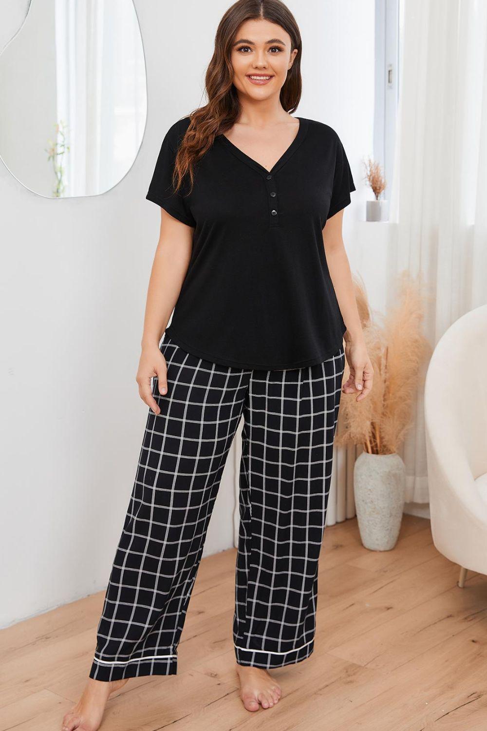 Plus Size V-Neck Top and Plaid Pants Lounge Set - Trendy by Luna