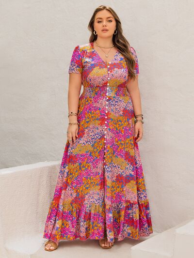 Plus Size Button Up Printed Short Sleeve Maxi Dress - Trendy by Luna