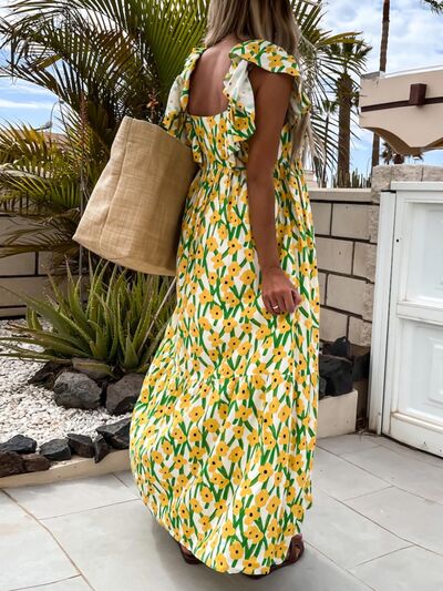 Ruffled Printed Cap Sleeve Midi Dress - Trendy by Luna